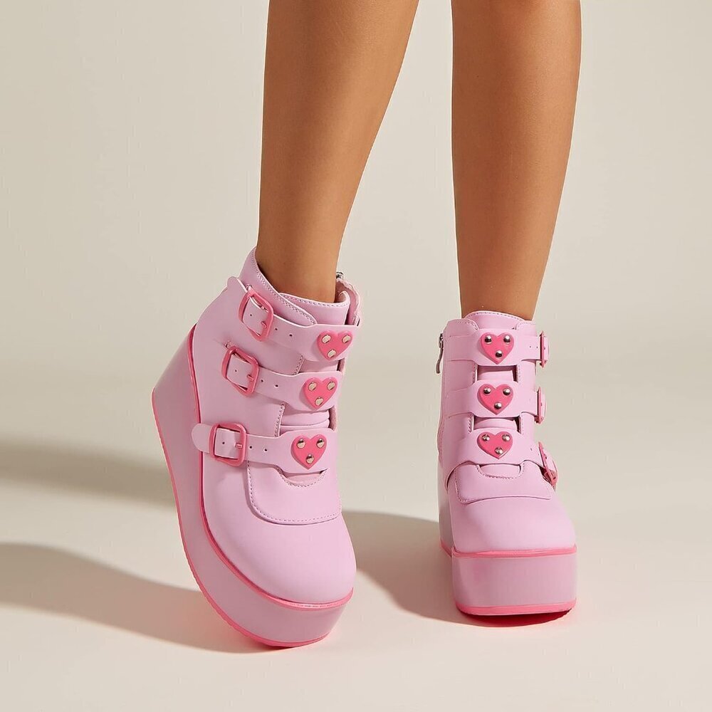 🆕 Fuchsia Chunky Platform Ankle Boots Women PU Goth Wedge Heel Rave Booties Zip - Picture 8 of 8